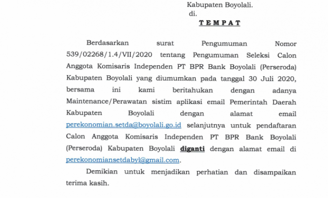 PEMBERITAHUAN EMAIL BARU SELEKSI CALON ANGGOTA KOMISARIS INDEPENDENPT BPR BANK BOYOLALI